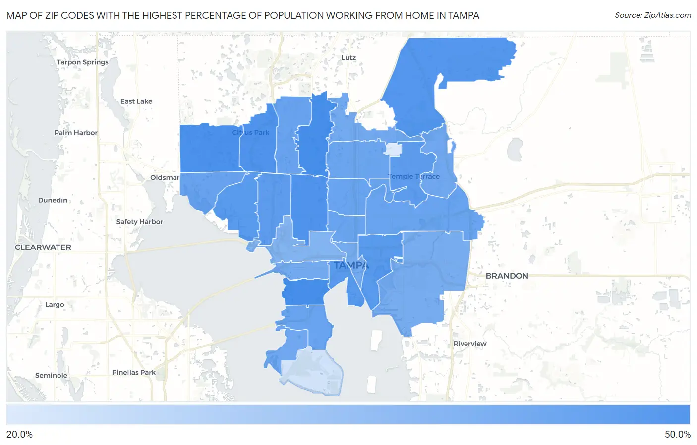 Zip Codes with the Highest Percentage of Population Working from Home in Tampa Map