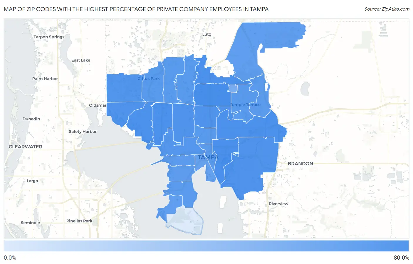 Zip Codes with the Highest Percentage of Private Company Employees in Tampa Map