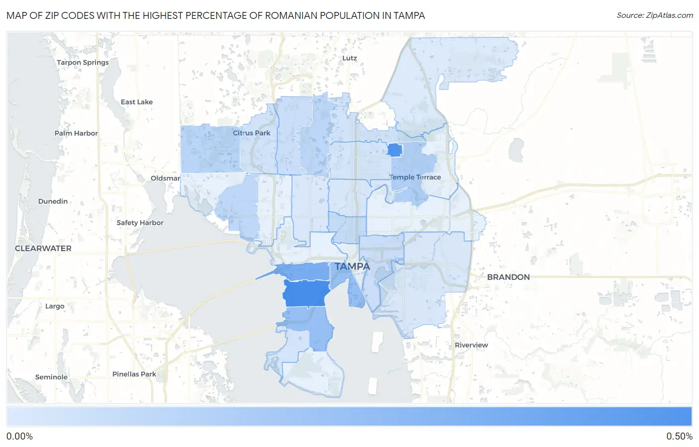 Zip Codes with the Highest Percentage of Romanian Population in Tampa Map