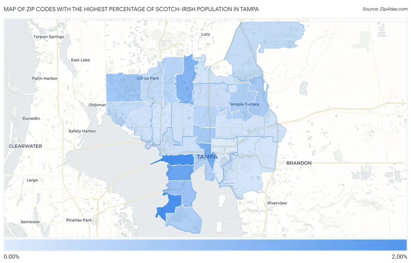 Zip Codes with the Highest Percentage of Scotch-Irish Population in Tampa Map