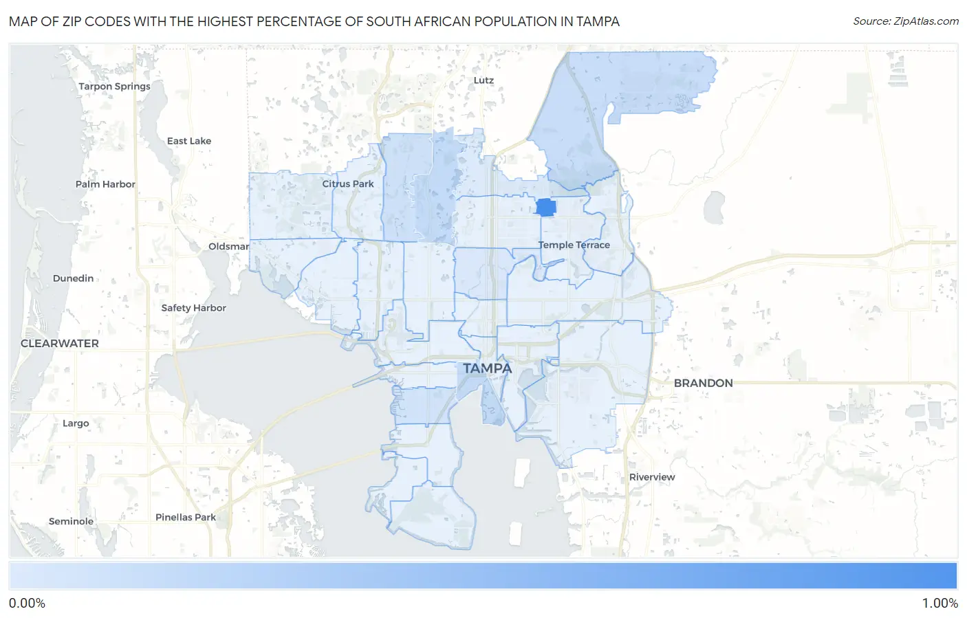Zip Codes with the Highest Percentage of South African Population in Tampa Map