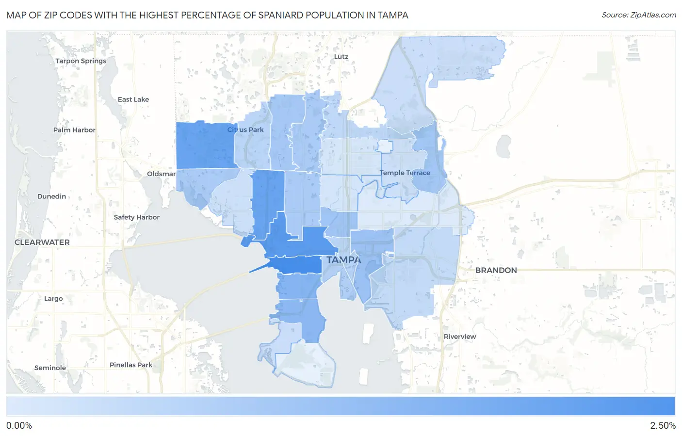 Zip Codes with the Highest Percentage of Spaniard Population in Tampa Map