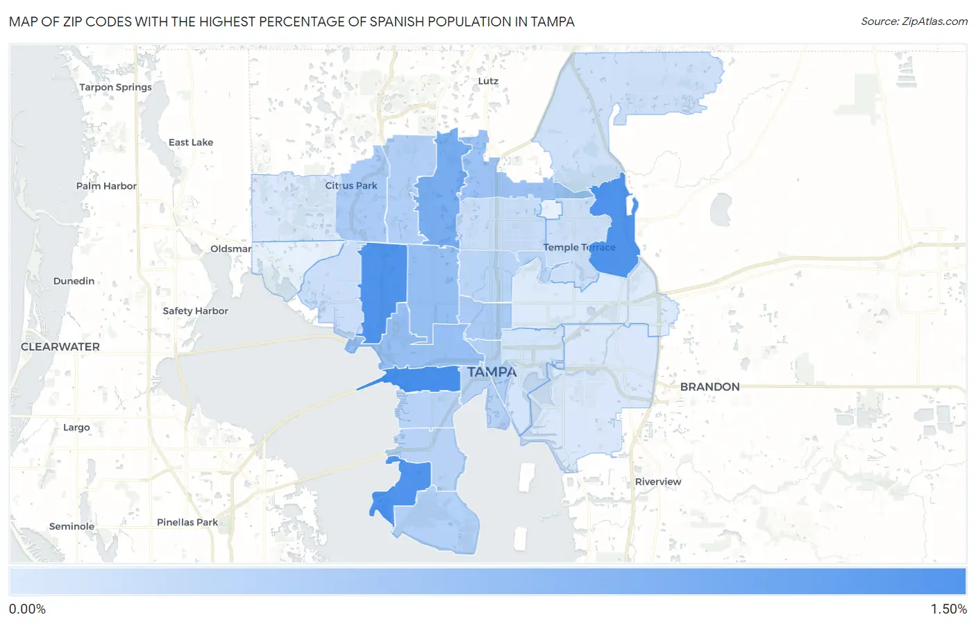 Zip Codes with the Highest Percentage of Spanish Population in Tampa Map