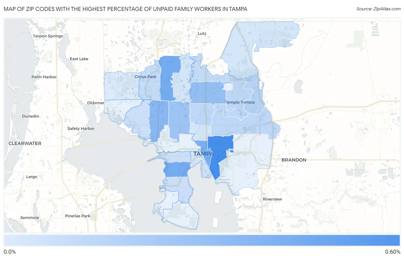 Zip Codes with the Highest Percentage of Unpaid Family Workers in Tampa Map