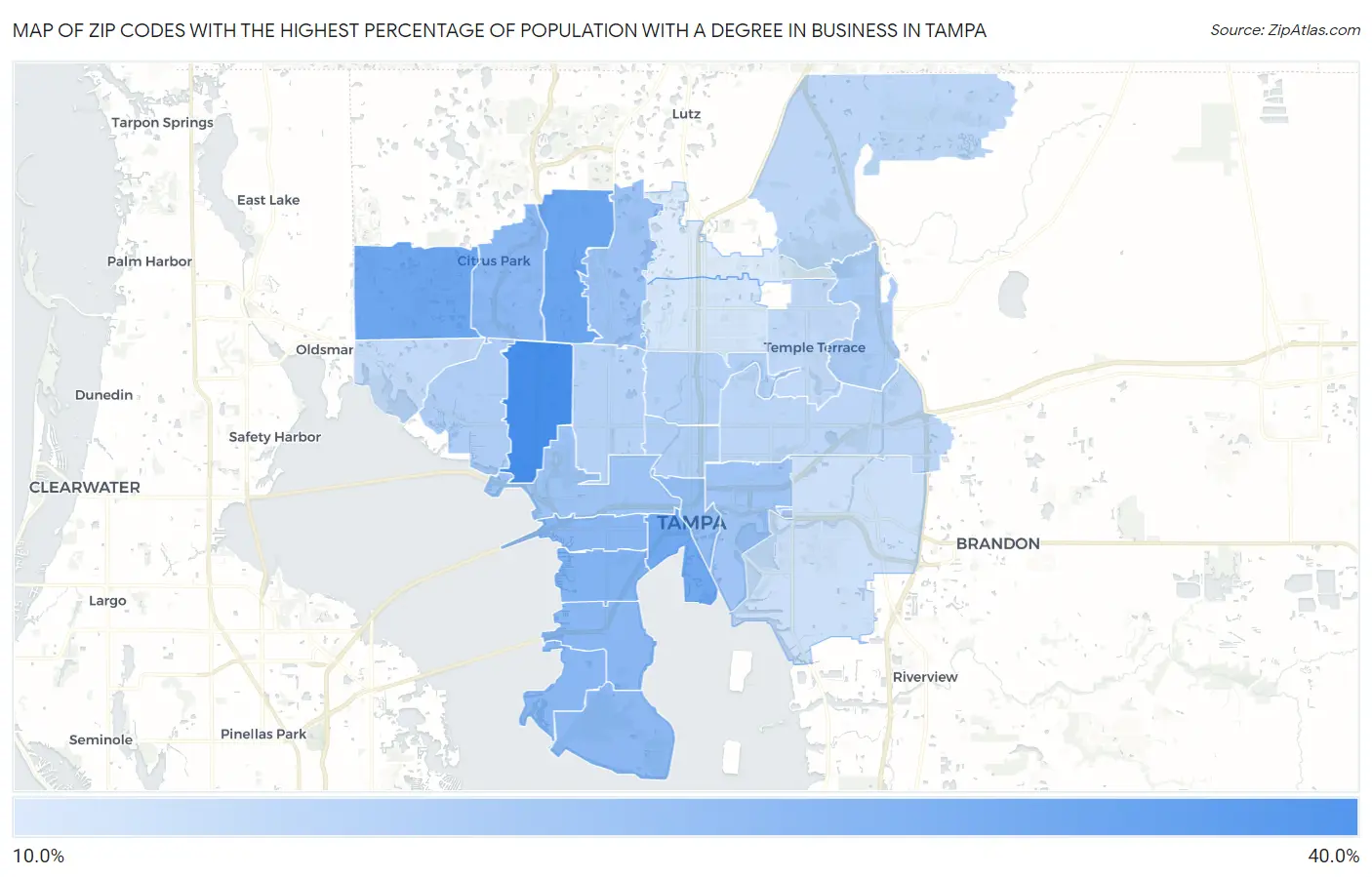 Zip Codes with the Highest Percentage of Population with a Degree in Business in Tampa Map
