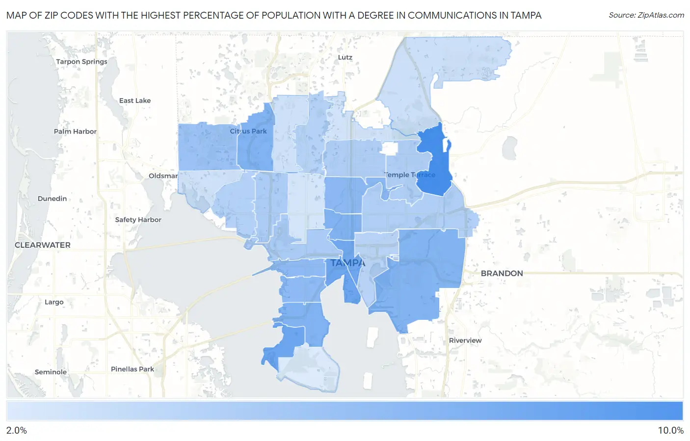 Zip Codes with the Highest Percentage of Population with a Degree in Communications in Tampa Map