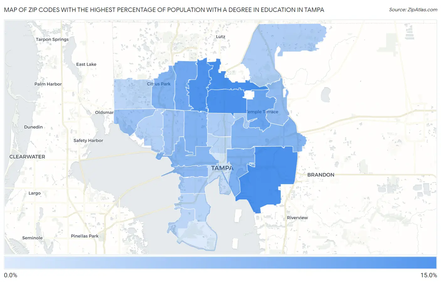 Zip Codes with the Highest Percentage of Population with a Degree in Education in Tampa Map