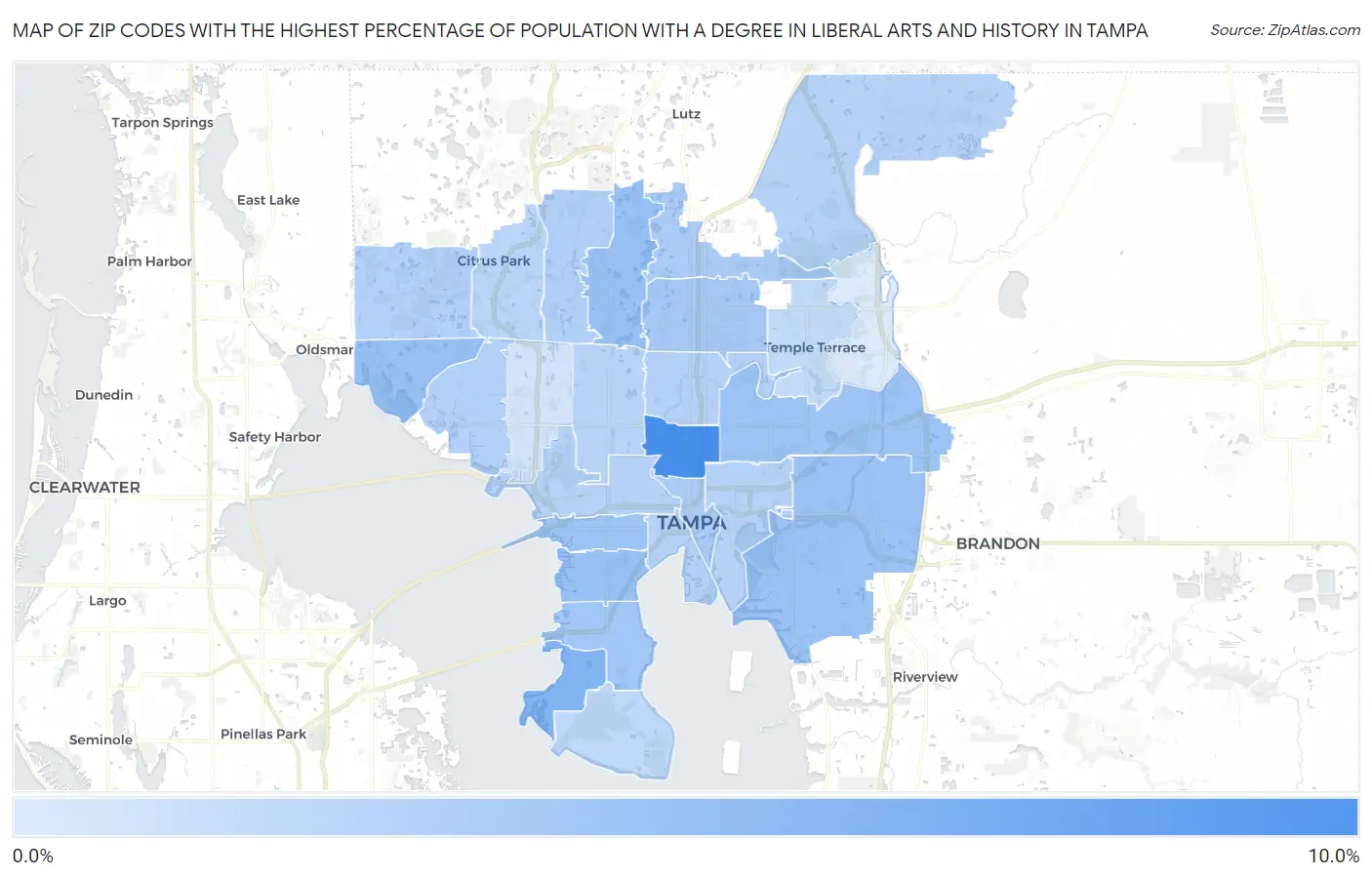 Zip Codes with the Highest Percentage of Population with a Degree in Liberal Arts and History in Tampa Map
