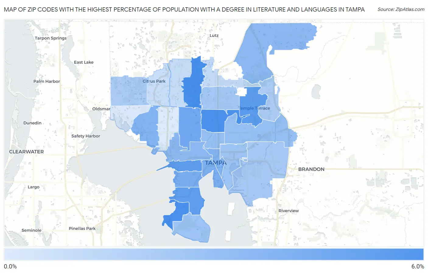 Zip Codes with the Highest Percentage of Population with a Degree in Literature and Languages in Tampa Map