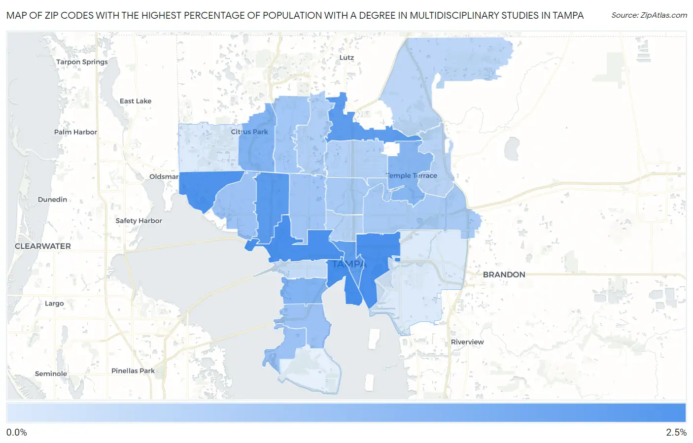 Zip Codes with the Highest Percentage of Population with a Degree in Multidisciplinary Studies in Tampa Map