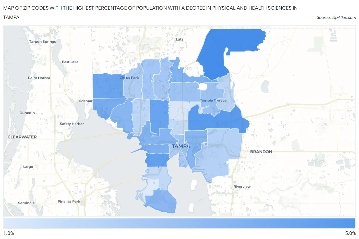 Zip Codes with the Highest Percentage of Population with a Degree in Physical and Health Sciences in Tampa Map
