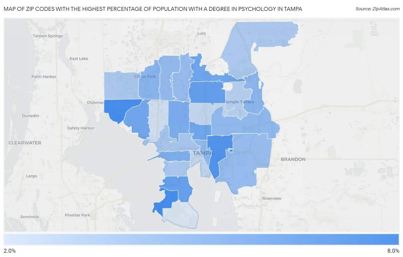 Zip Codes with the Highest Percentage of Population with a Degree in Psychology in Tampa Map