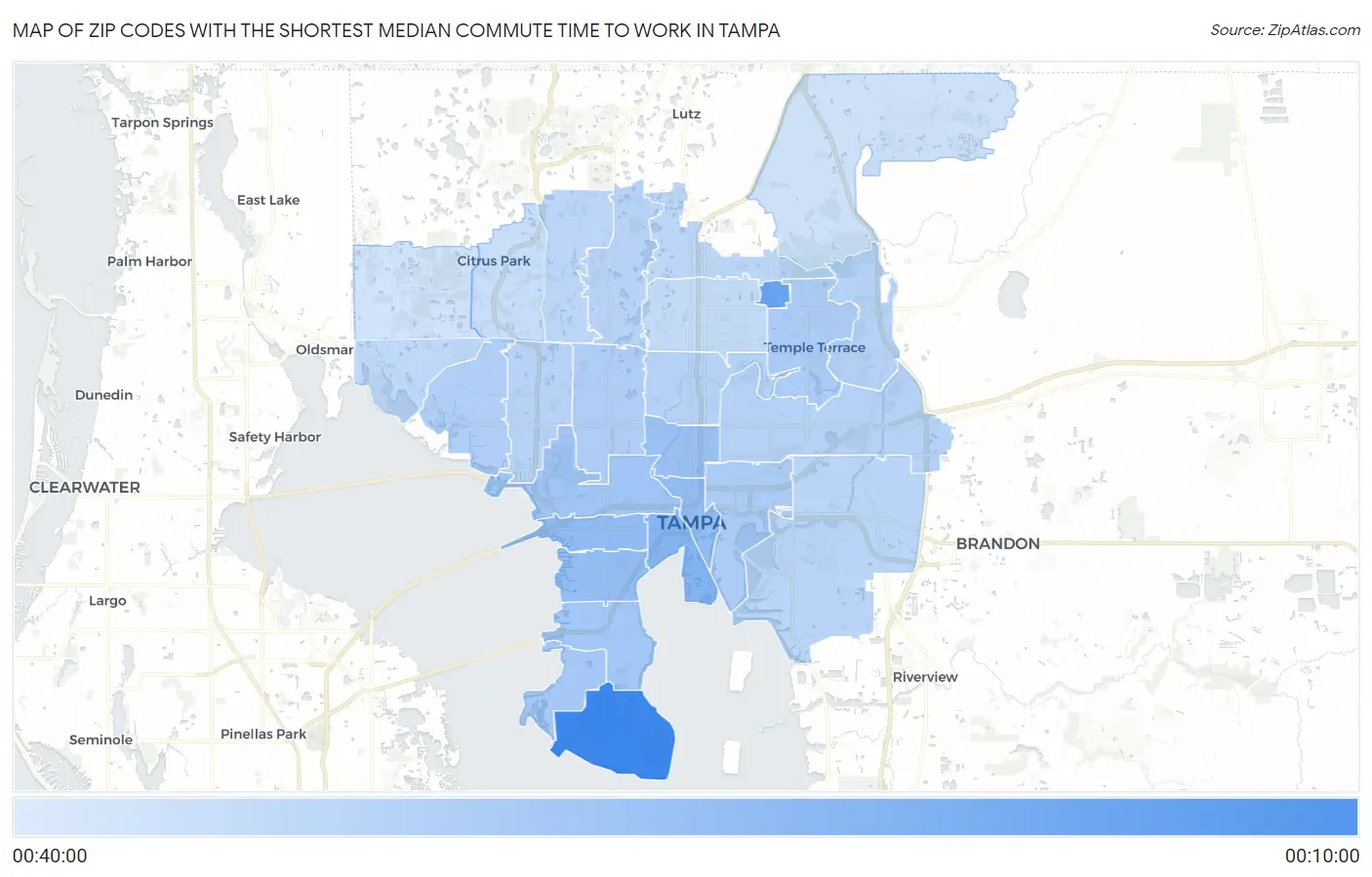 Zip Codes with the Shortest Median Commute Time to Work in Tampa Map