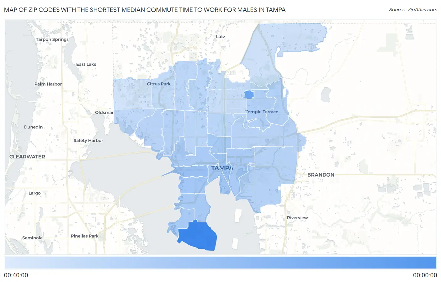 Zip Codes with the Shortest Median Commute Time to Work for Males in Tampa Map