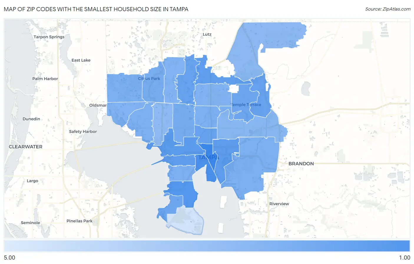 Zip Codes with the Smallest Household Size in Tampa Map
