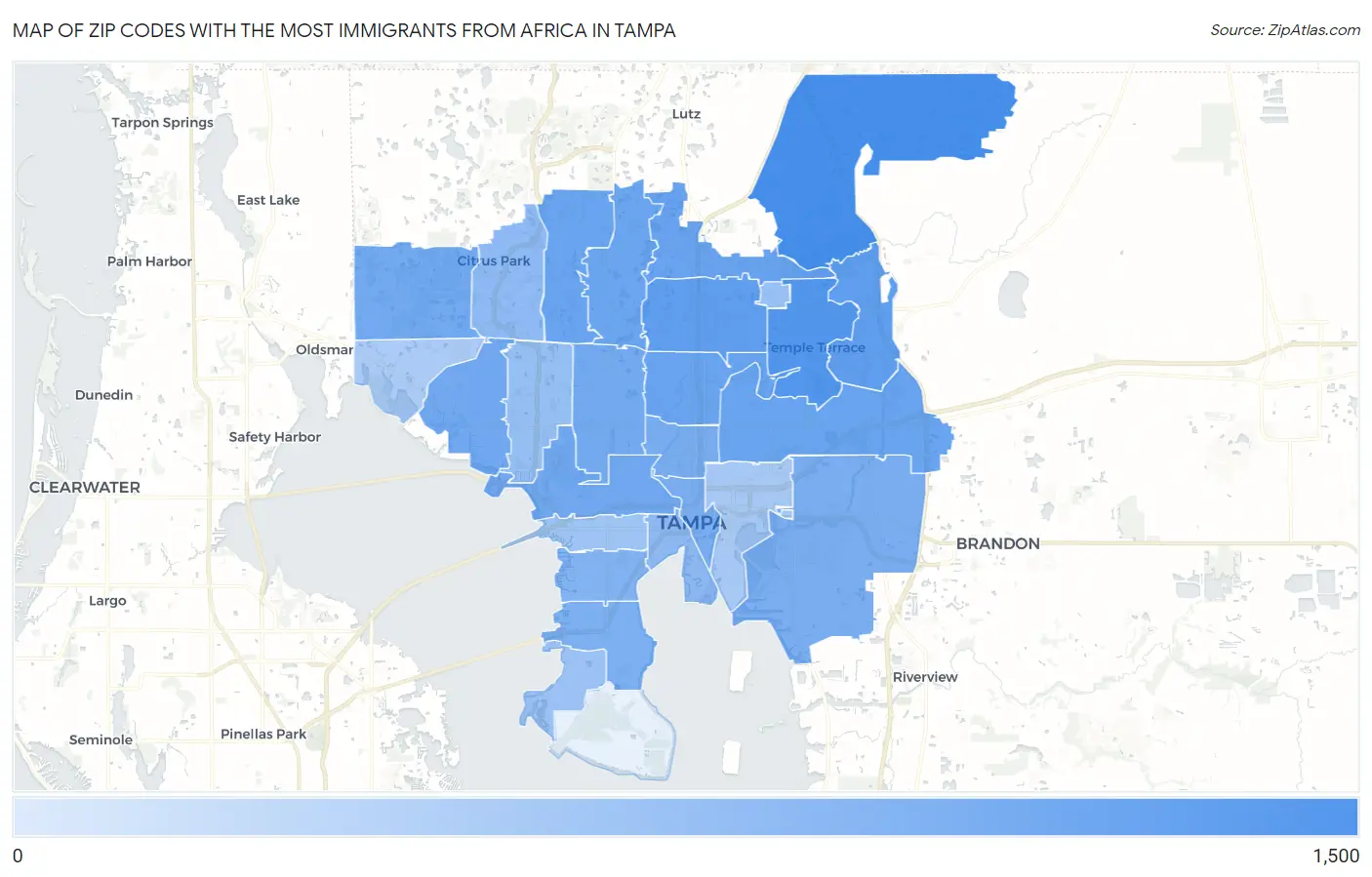 Zip Codes with the Most Immigrants from Africa in Tampa Map