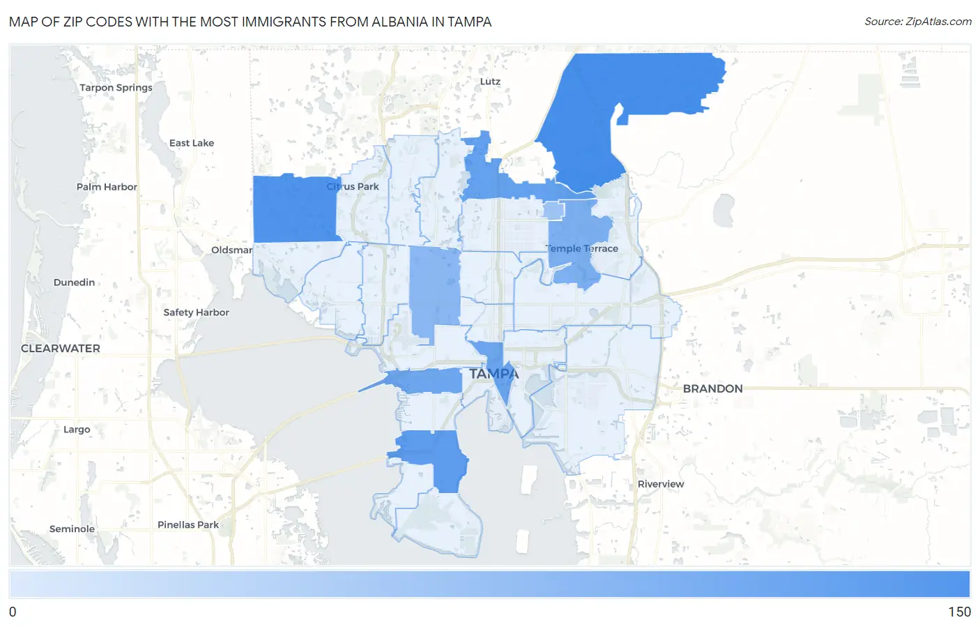 Zip Codes with the Most Immigrants from Albania in Tampa Map