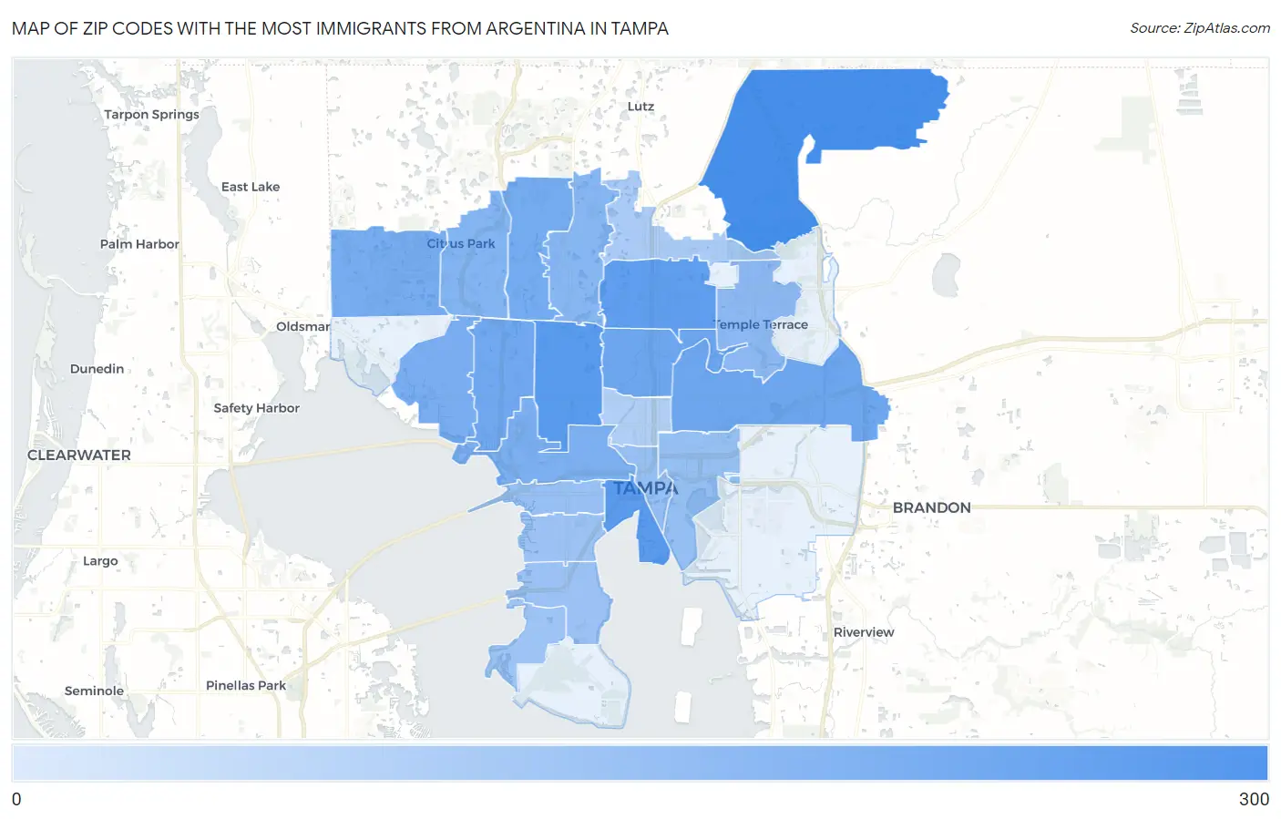 Zip Codes with the Most Immigrants from Argentina in Tampa Map