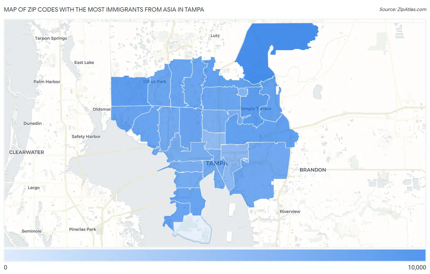 Zip Codes with the Most Immigrants from Asia in Tampa Map