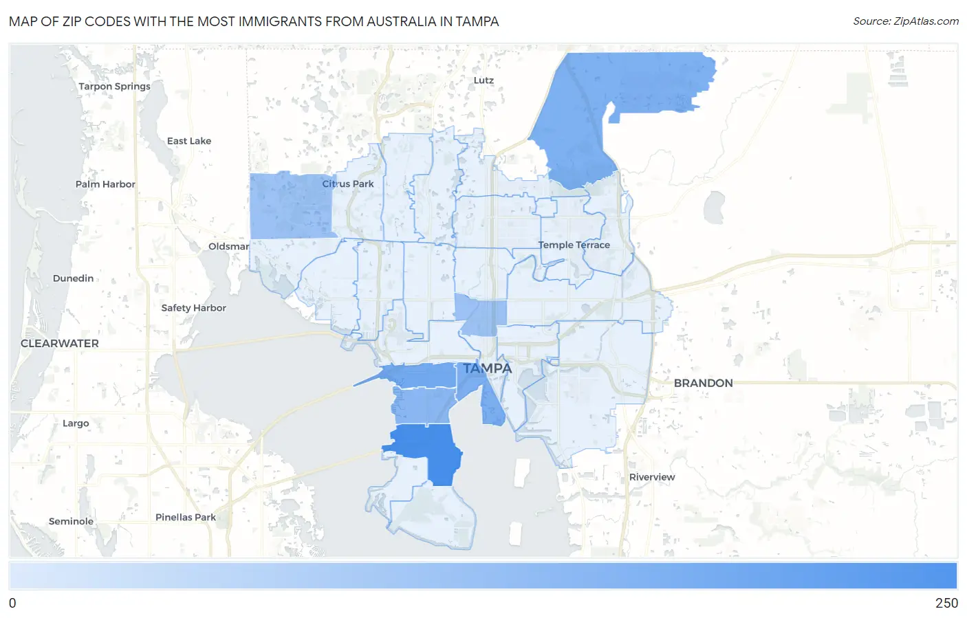 Zip Codes with the Most Immigrants from Australia in Tampa Map