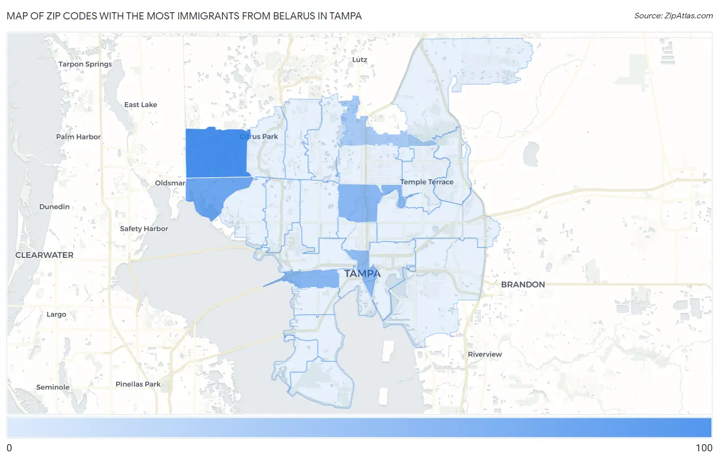 Zip Codes with the Most Immigrants from Belarus in Tampa Map