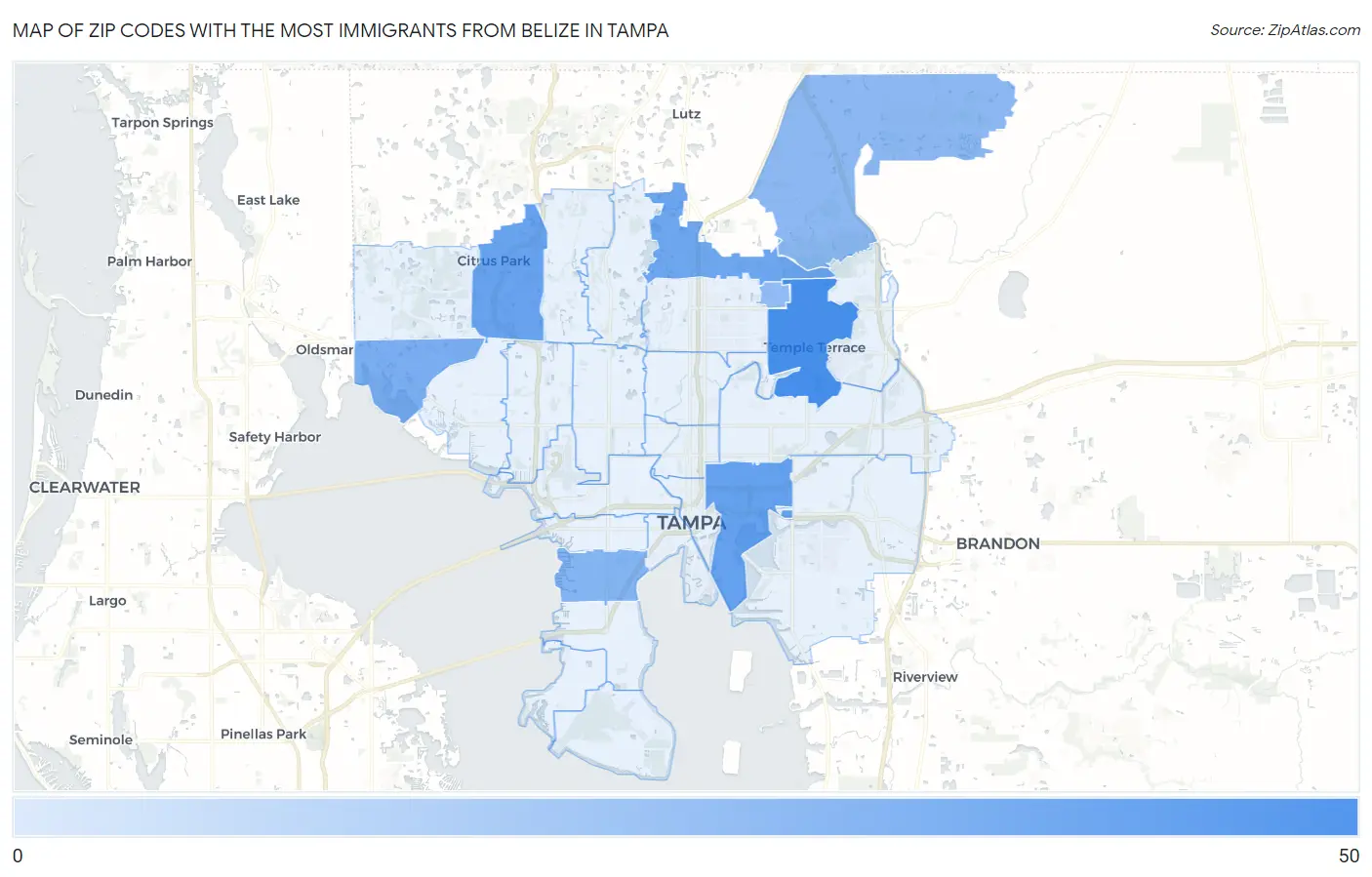 Zip Codes with the Most Immigrants from Belize in Tampa Map