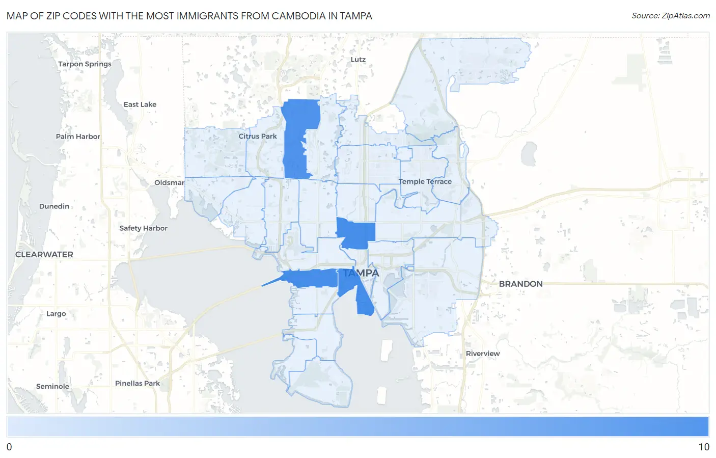 Zip Codes with the Most Immigrants from Cambodia in Tampa Map