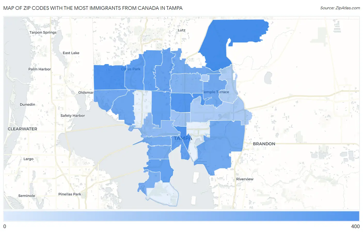 Zip Codes with the Most Immigrants from Canada in Tampa Map