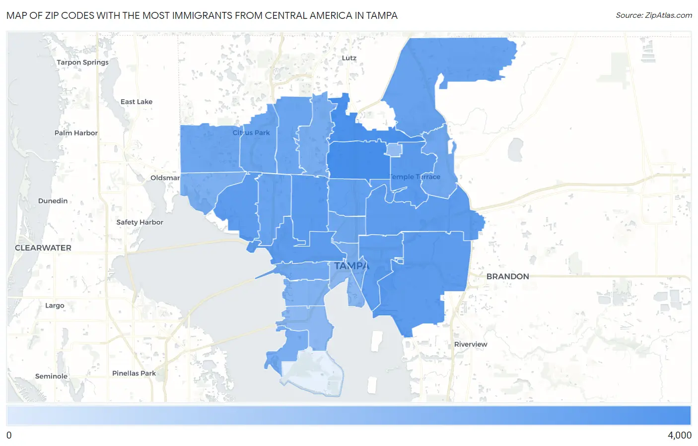 Zip Codes with the Most Immigrants from Central America in Tampa Map