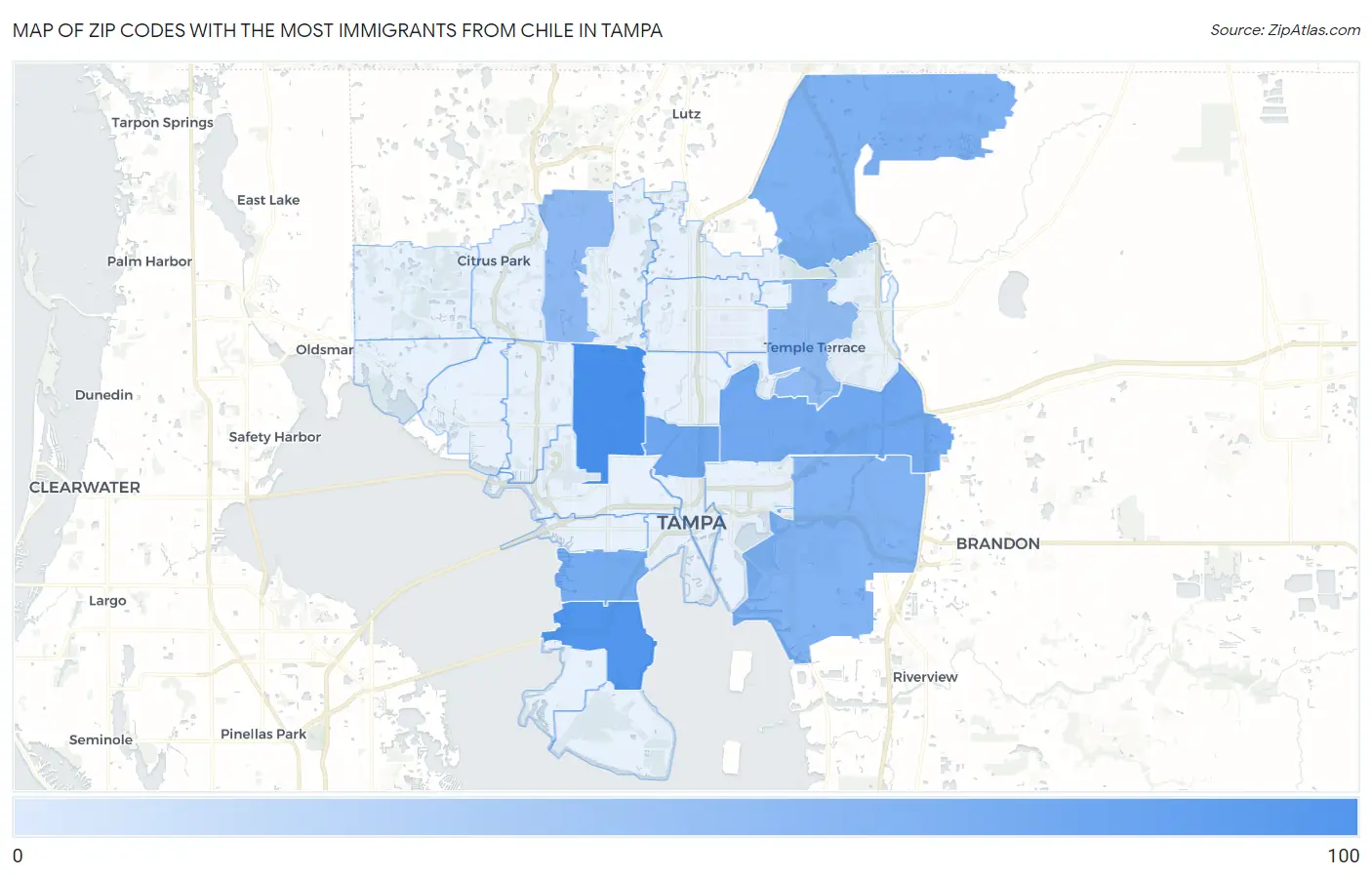 Zip Codes with the Most Immigrants from Chile in Tampa Map