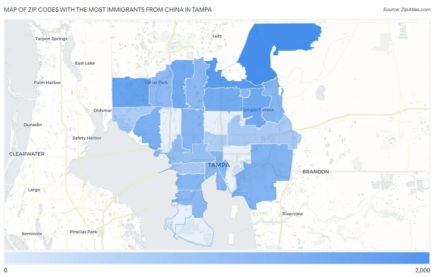 Zip Codes with the Most Immigrants from China in Tampa Map