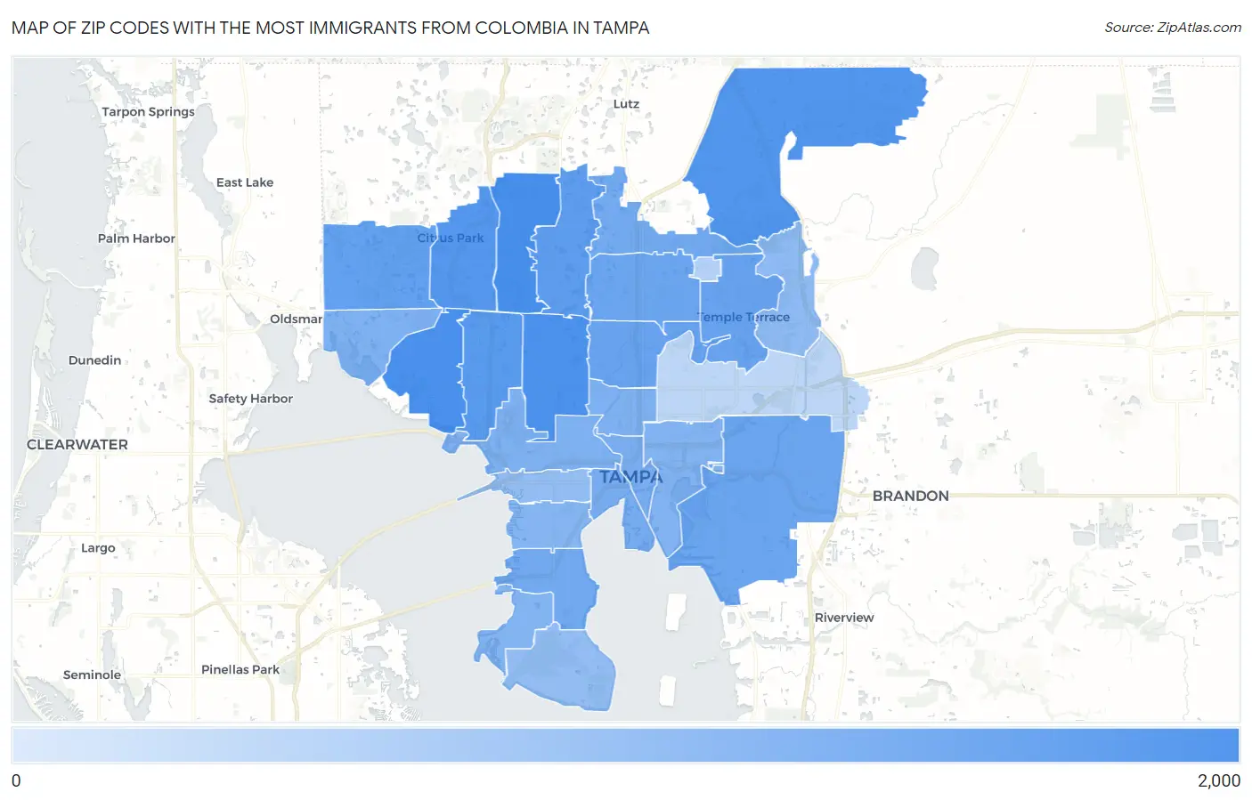 Zip Codes with the Most Immigrants from Colombia in Tampa Map