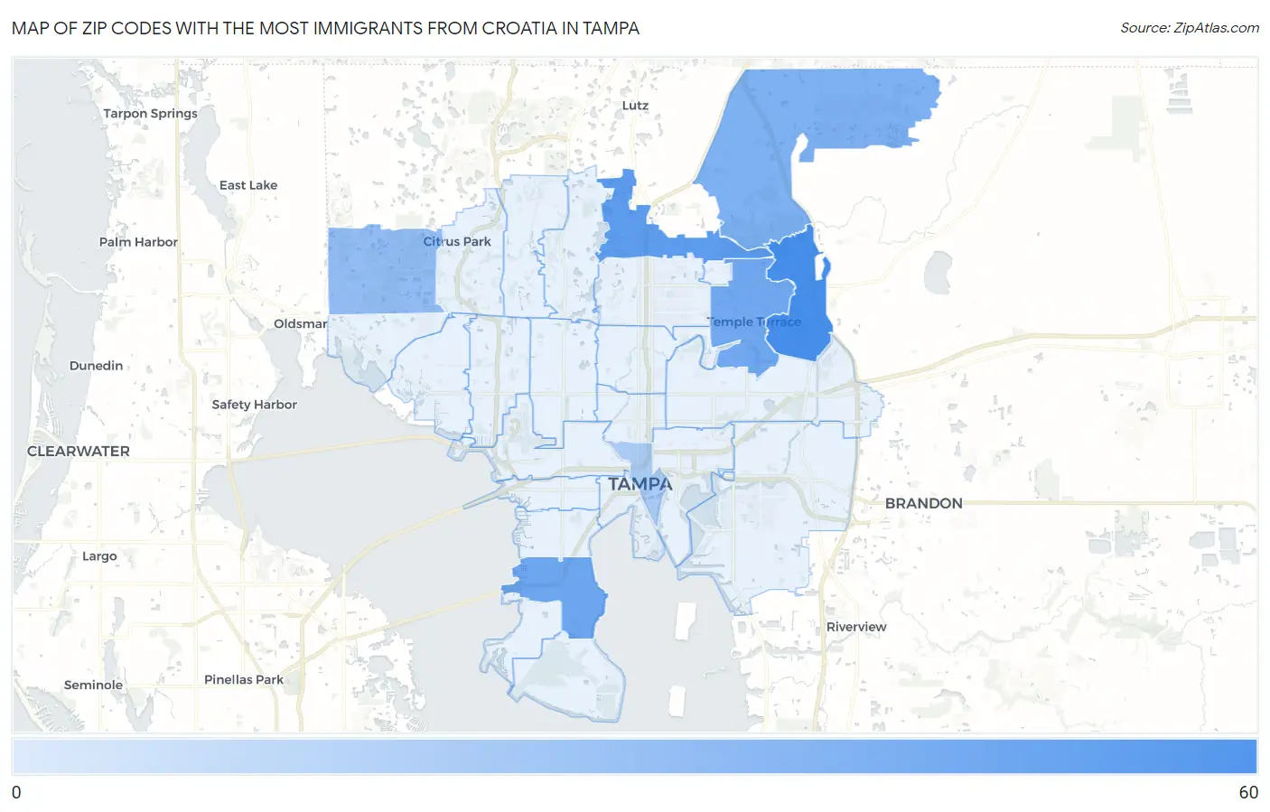 Zip Codes with the Most Immigrants from Croatia in Tampa Map