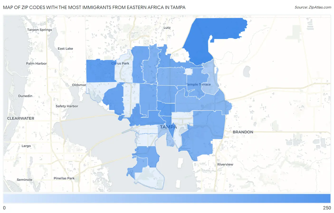 Zip Codes with the Most Immigrants from Eastern Africa in Tampa Map