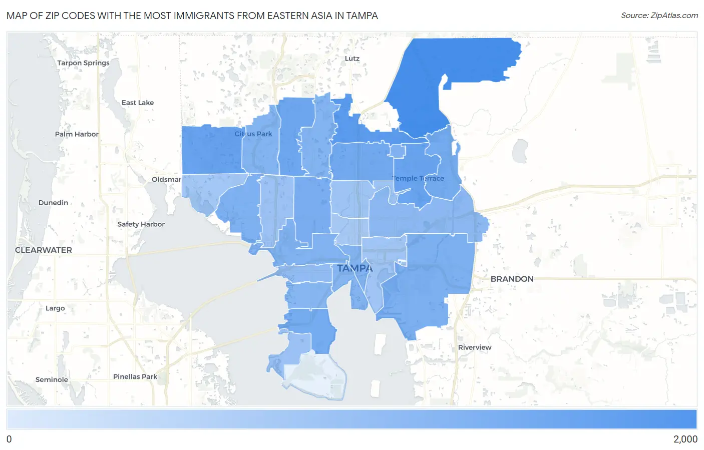 Zip Codes with the Most Immigrants from Eastern Asia in Tampa Map