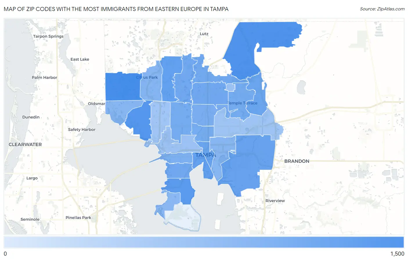 Zip Codes with the Most Immigrants from Eastern Europe in Tampa Map