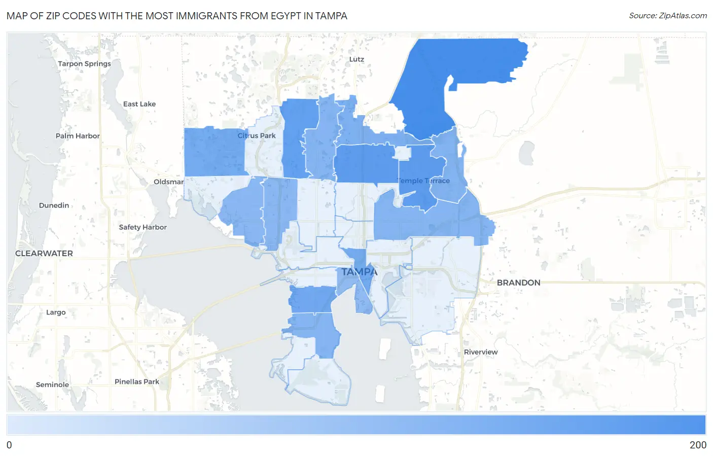 Zip Codes with the Most Immigrants from Egypt in Tampa Map