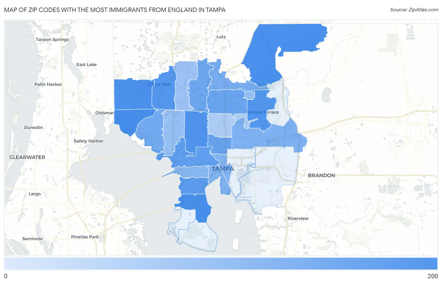 Zip Codes with the Most Immigrants from England in Tampa Map