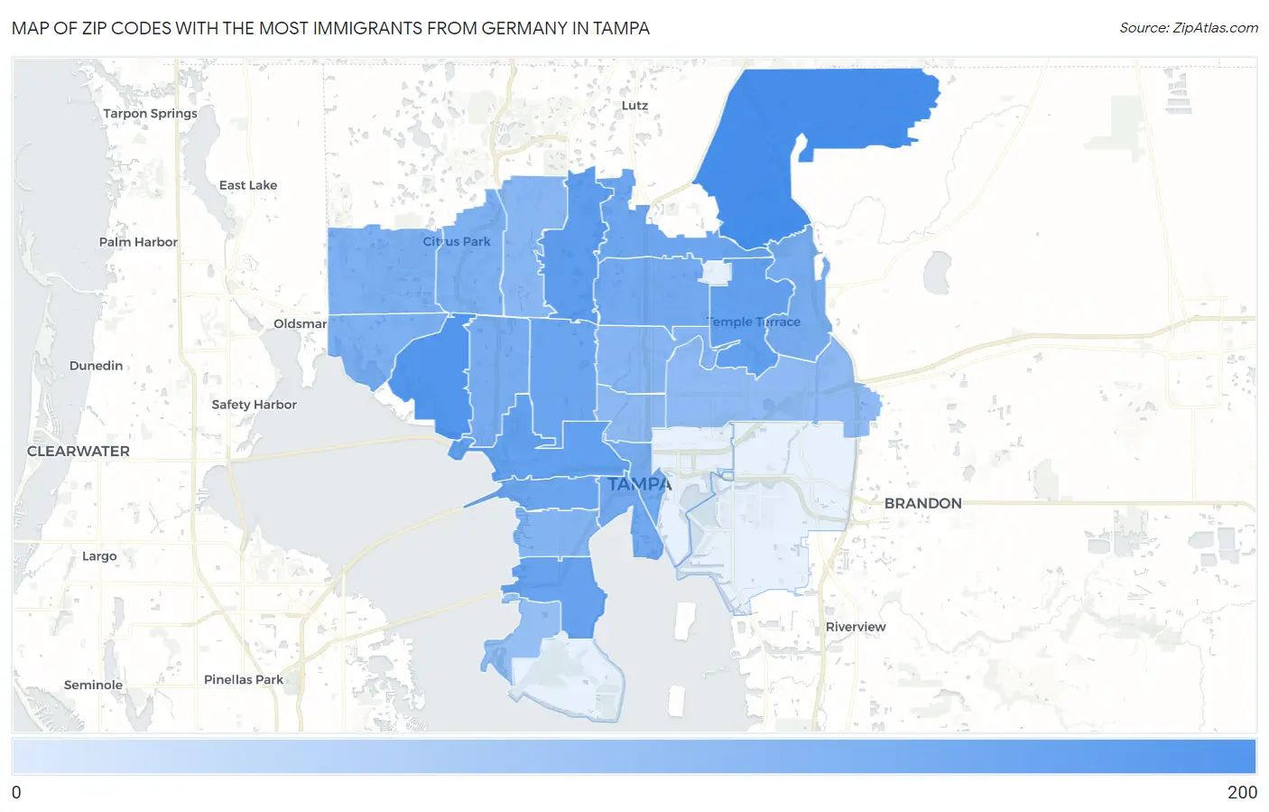 Zip Codes with the Most Immigrants from Germany in Tampa Map