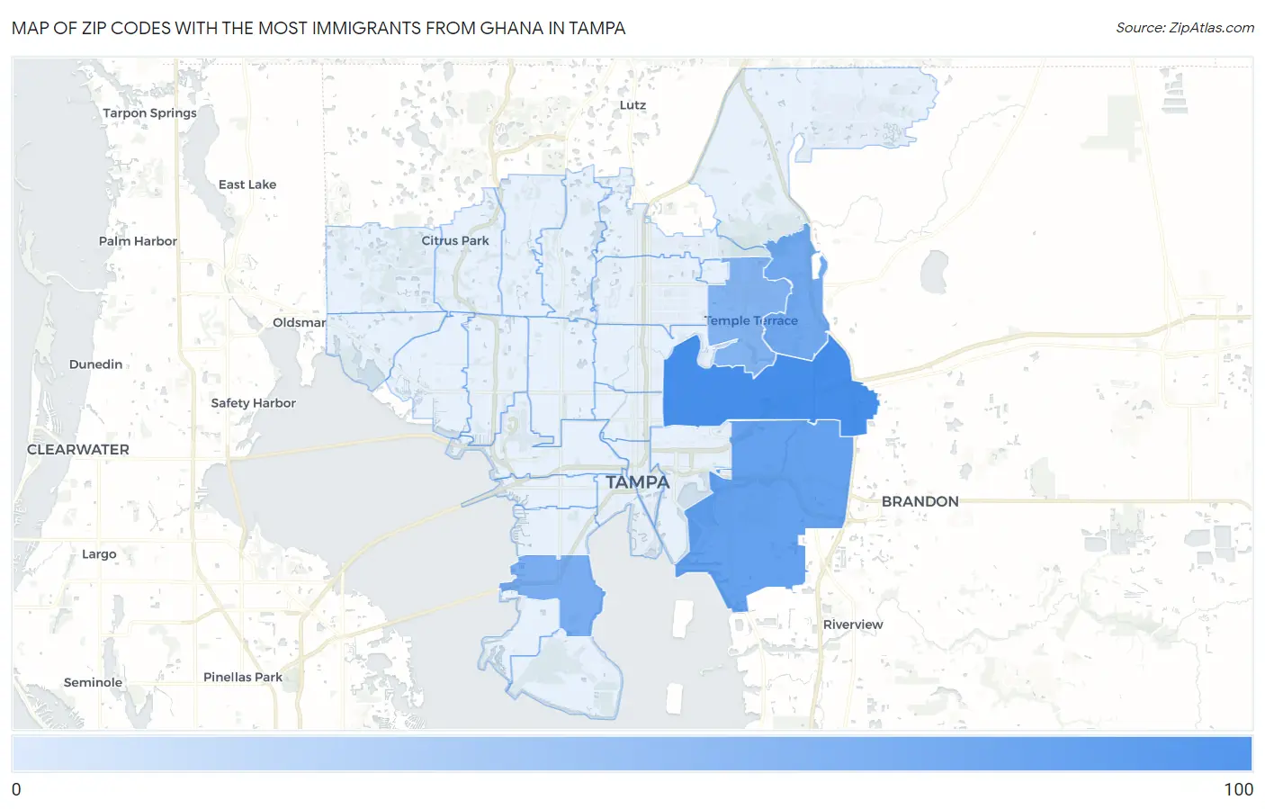 Zip Codes with the Most Immigrants from Ghana in Tampa Map