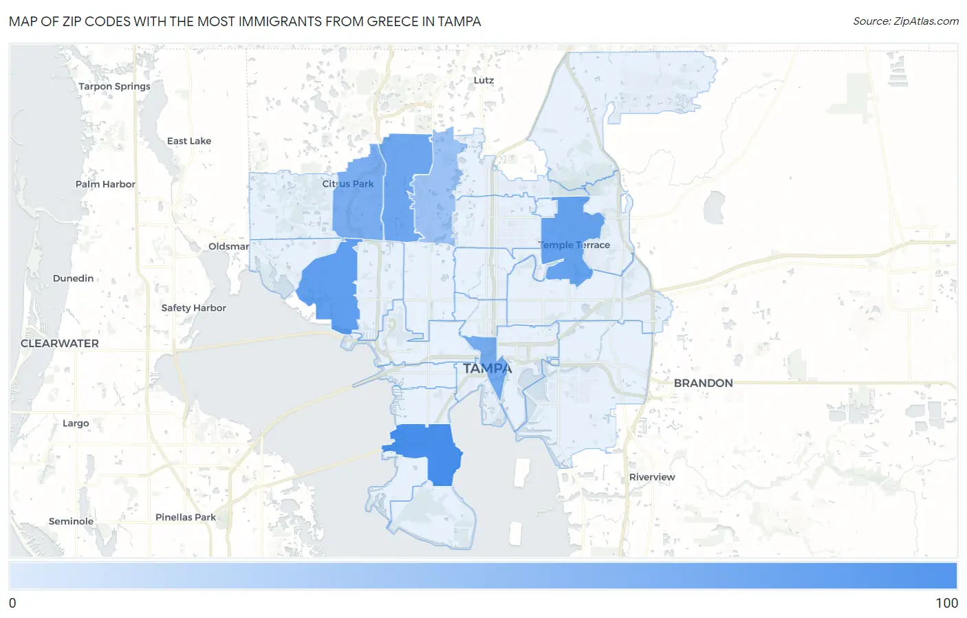 Zip Codes with the Most Immigrants from Greece in Tampa Map