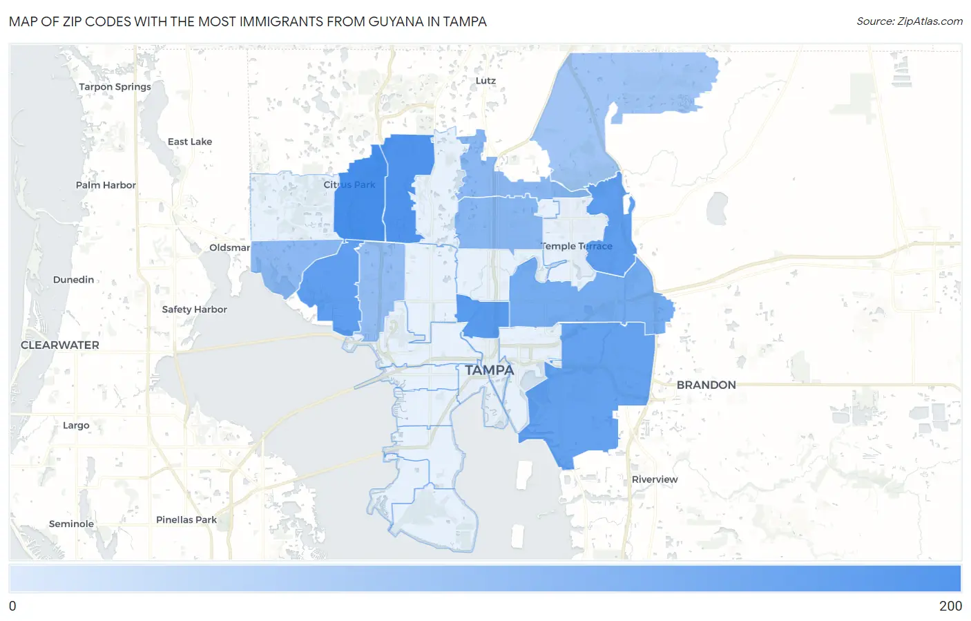 Zip Codes with the Most Immigrants from Guyana in Tampa Map