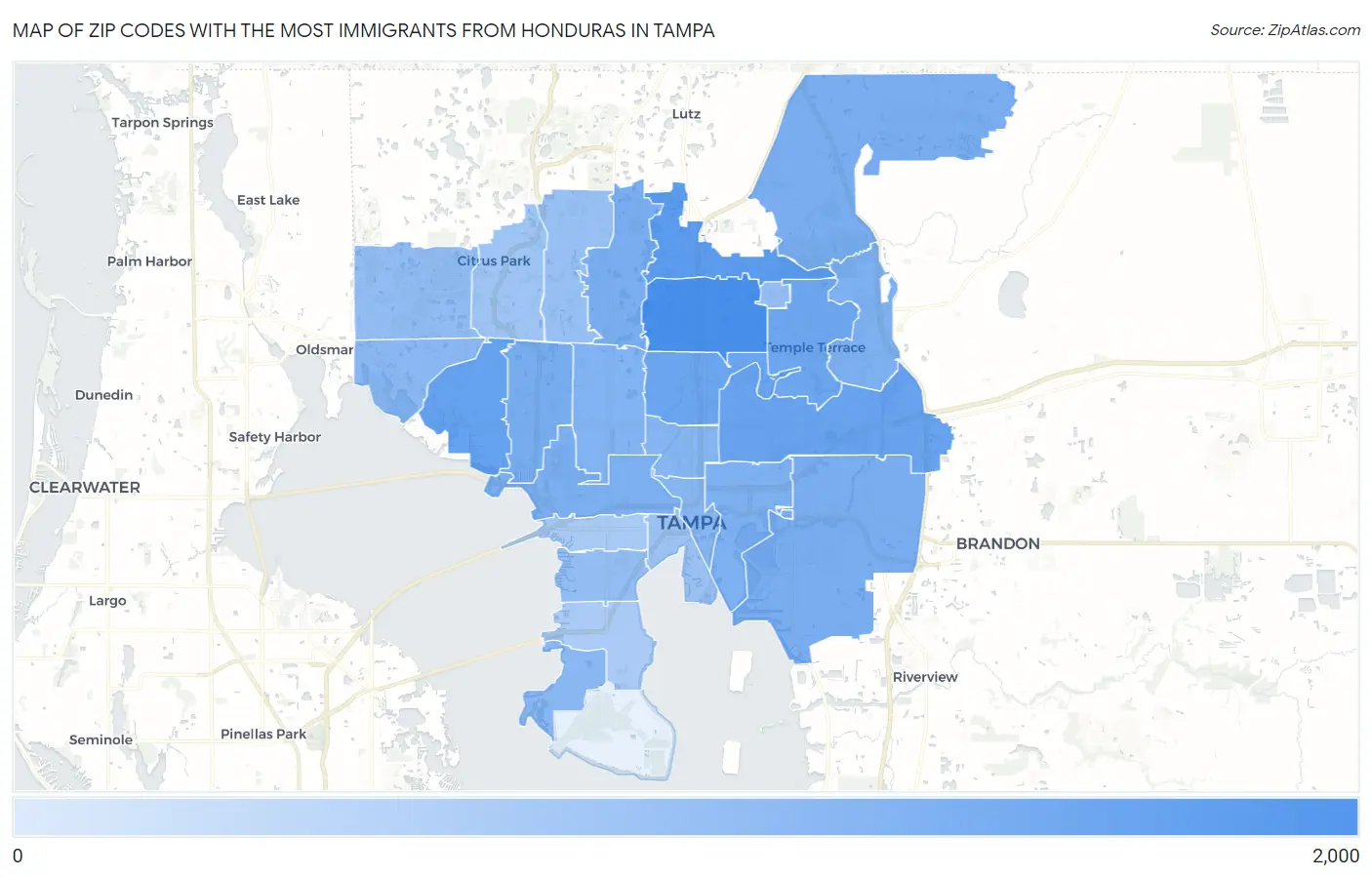 Zip Codes with the Most Immigrants from Honduras in Tampa Map