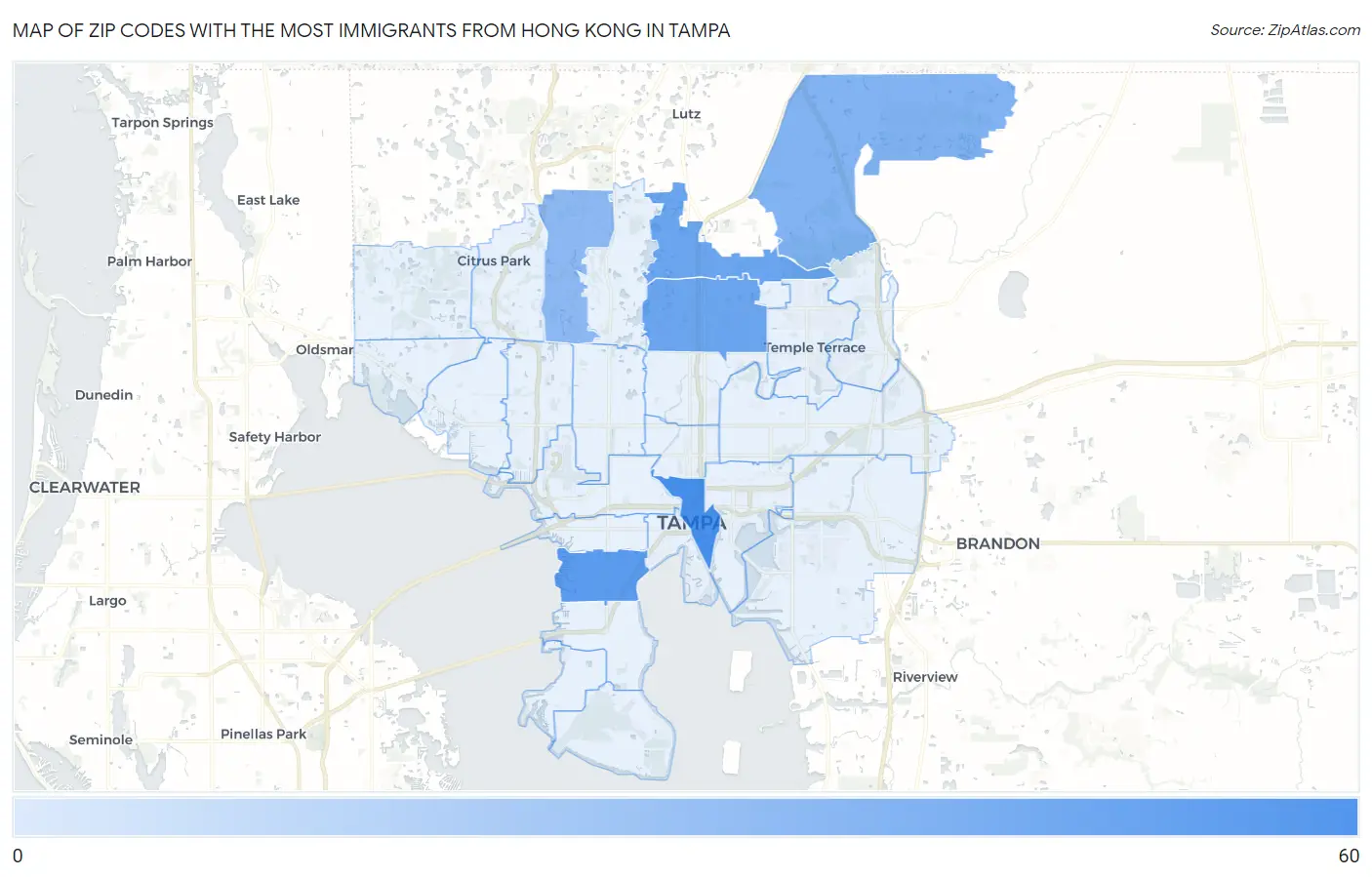 Zip Codes with the Most Immigrants from Hong Kong in Tampa Map