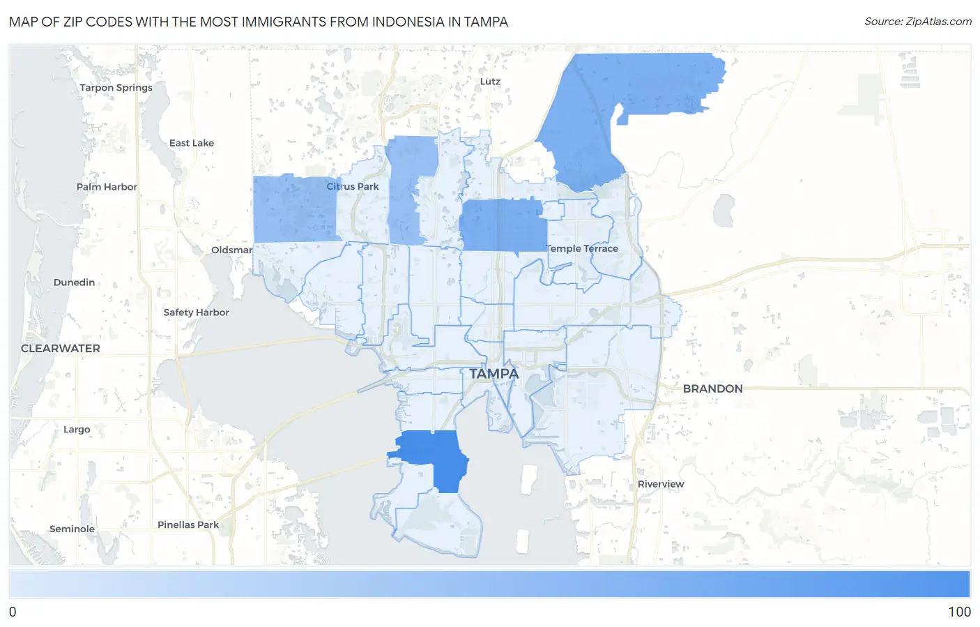 Zip Codes with the Most Immigrants from Indonesia in Tampa Map