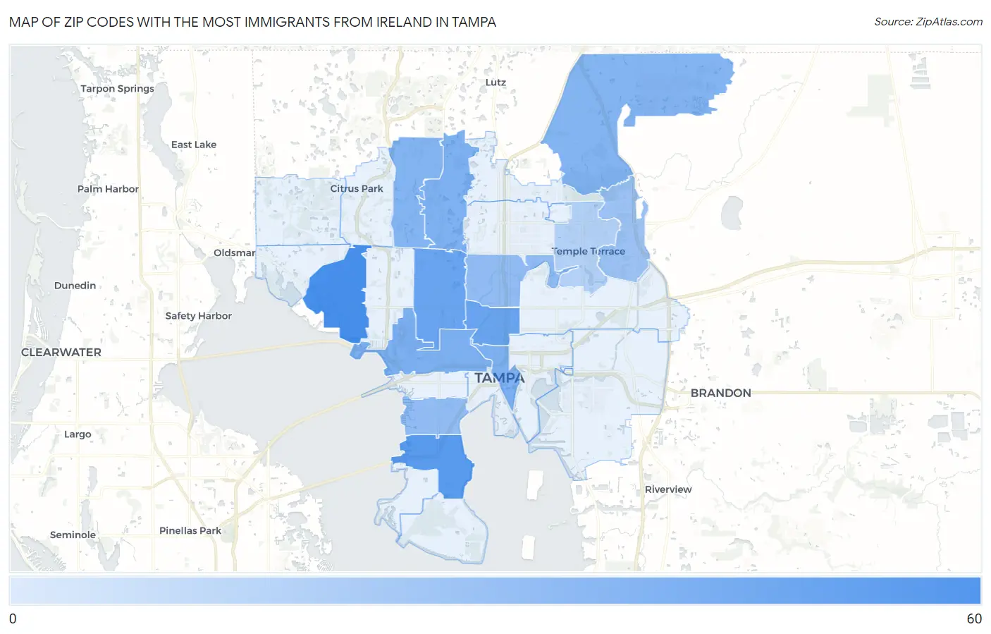 Zip Codes with the Most Immigrants from Ireland in Tampa Map