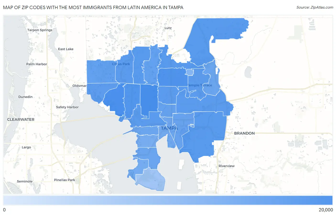 Zip Codes with the Most Immigrants from Latin America in Tampa Map