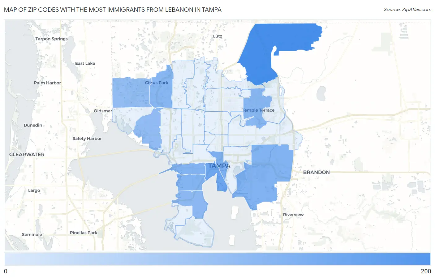 Zip Codes with the Most Immigrants from Lebanon in Tampa Map