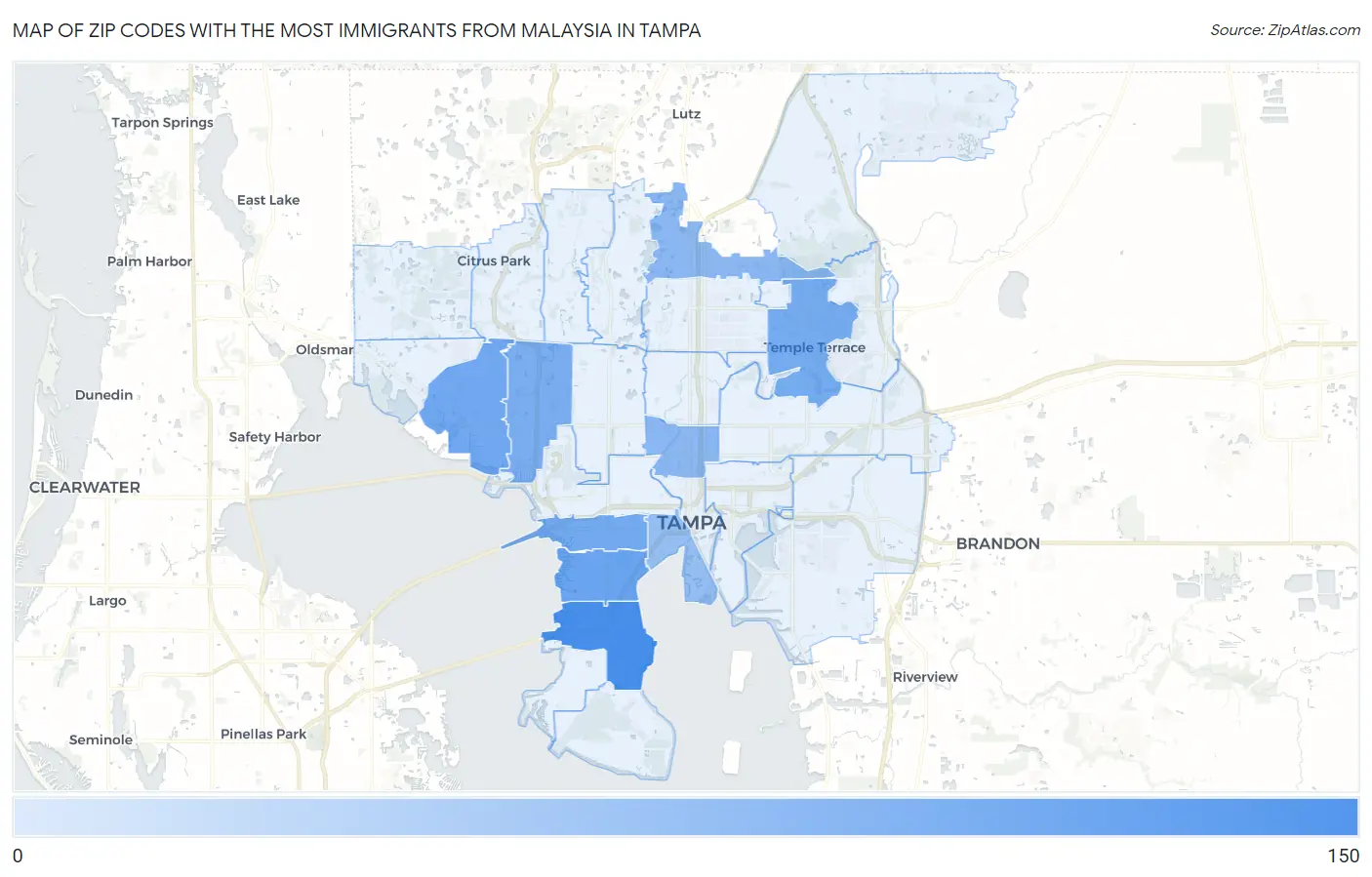 Zip Codes with the Most Immigrants from Malaysia in Tampa Map