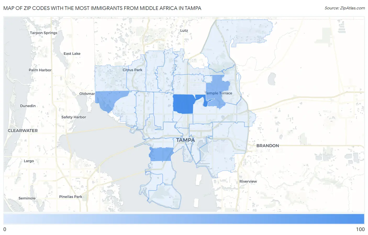 Zip Codes with the Most Immigrants from Middle Africa in Tampa Map
